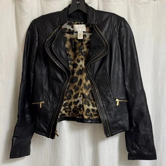 Cache Black Leather Jacket with Leopard Lining - Picture 1 of 9